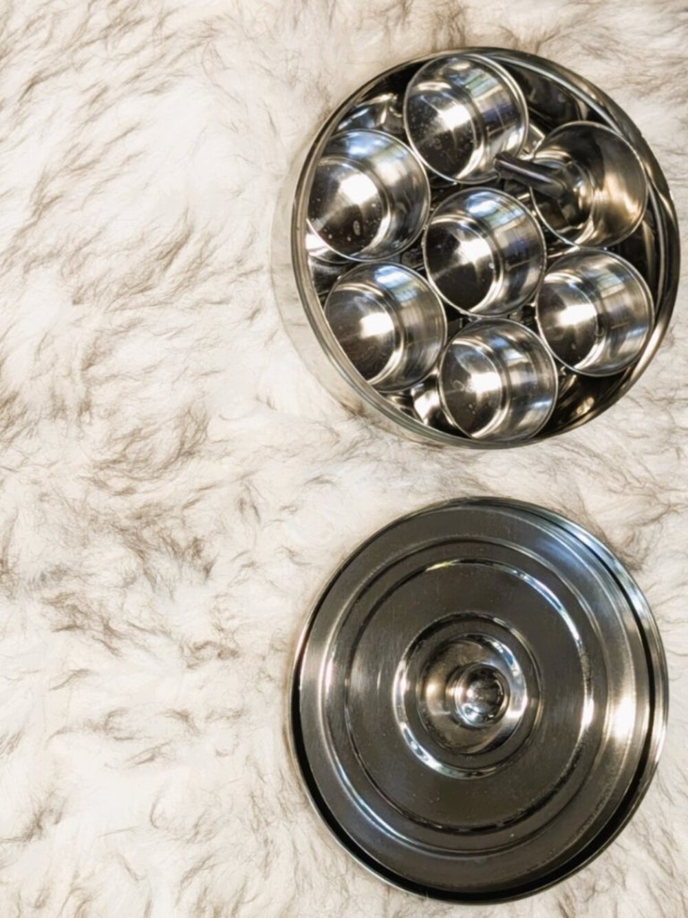 Stainless Steel Indian Spice Box Masala Dabba 7 Cups 1 Spoon & Double Lids